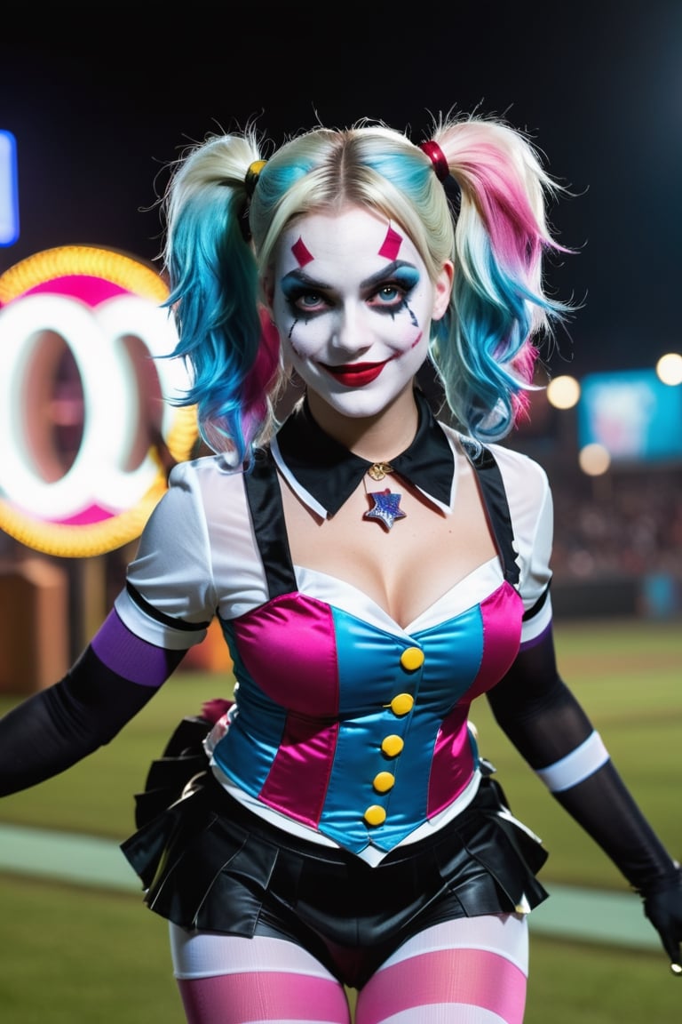 (Raw Photo:1.3) of (Ultra detailed:1.3) Harley Quinn from DC comics, dark pink and sky-blue hair, clowncore, dc comics, layered mesh, stripes and shapes, Wearing a white and black schoolgirl uniform, Carnival Background at night, collar with large Joker charm, holding a bowling pin, running/sprinting toward the camera,OHWX