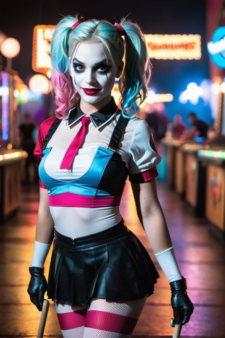 (Raw Photo:1.3) of (Ultra detailed:1.3) Harley Quinn from DC comics, dark pink and sky-blue hair, clowncore, dc comics, layered mesh, stripes and shapes, Wearing a white and black schoolgirl uniform, Carnival Background at night, collar with large Joker charm, holding a bowling pin, running/sprinting toward the camera,OHWX