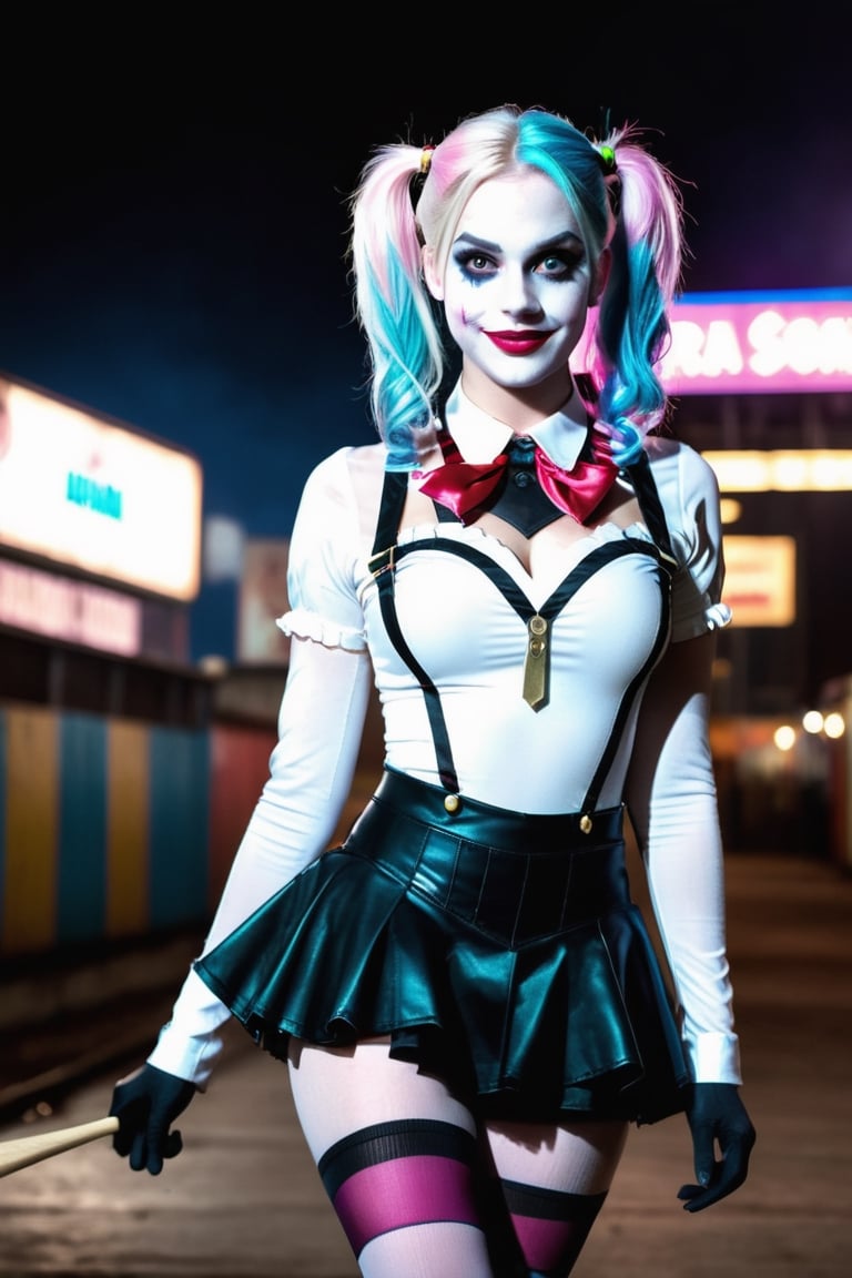 (Raw Photo:1.3) of (Ultra detailed:1.3) Harley Quinn from DC comics, dark pink and sky-blue hair, clowncore, dc comics, layered mesh, stripes and shapes, Wearing a white and black schoolgirl uniform, Carnival Background at night, collar with large Joker charm, holding a bowling pin, running/sprinting toward the camera,OHWX