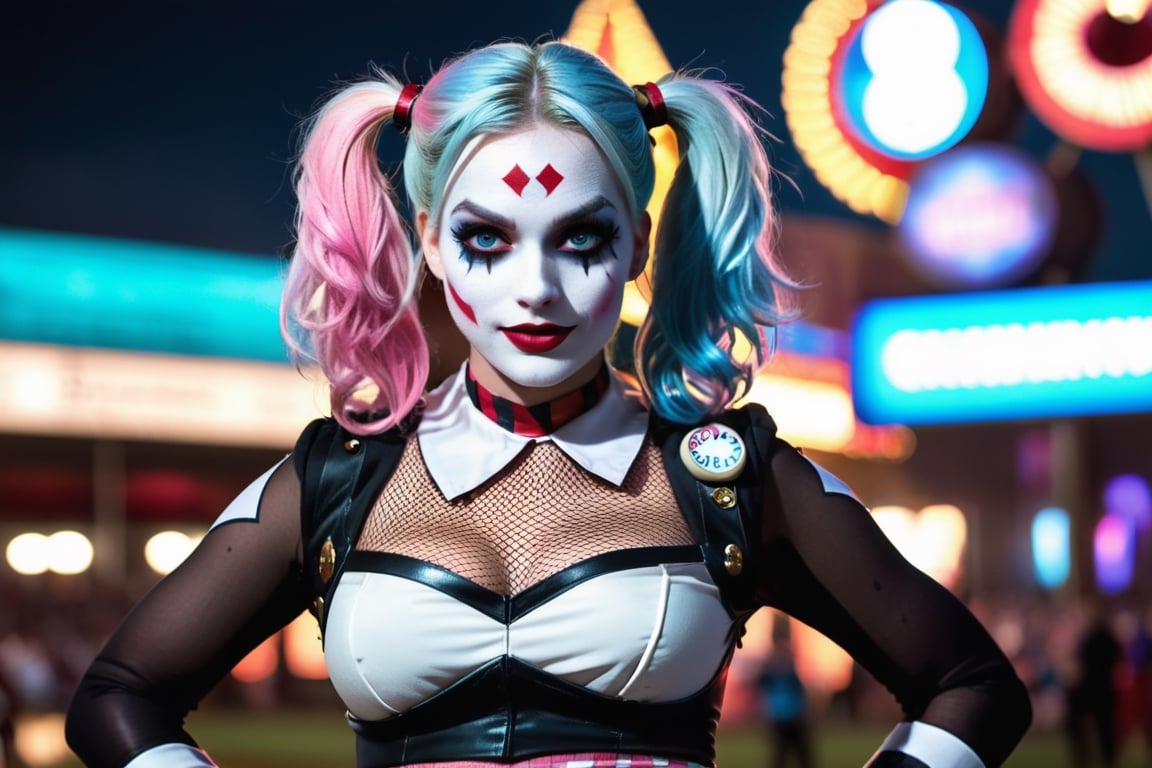 (Raw Photo:1.3) of (Ultra detailed:1.3) Harley Quinn from DC comics, dark pink and sky-blue hair, clowncore, dc comics, layered mesh, stripes and shapes, Wearing a white and black schoolgirl uniform, Carnival Background at night, collar with large Joker charm, holding a bowling pin, running/sprinting toward the camera, bare midriff