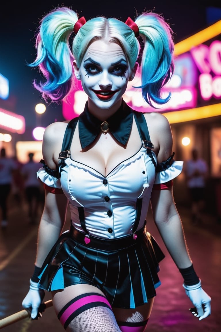 (Raw Photo:1.3) of (Ultra detailed:1.3) Harley Quinn from DC comics, dark pink and sky-blue hair, clowncore, dc comics, layered mesh, stripes and shapes, Wearing a white and black schoolgirl uniform, Carnival Background at night, collar with large Joker charm, holding a bowling pin, running/sprinting toward the camera