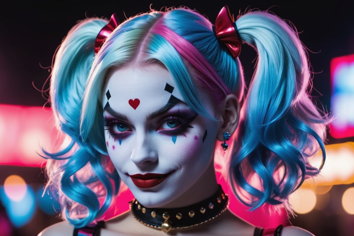 (Raw Photo:1.3) of (Ultra detailed:1.3) Harley Quinn from DC comics, dark pink and sky-blue hair, clowncore, dc comics, layered mesh, stripes and shapes, carnivalcore, Carnival Background at night, collar with large J charm