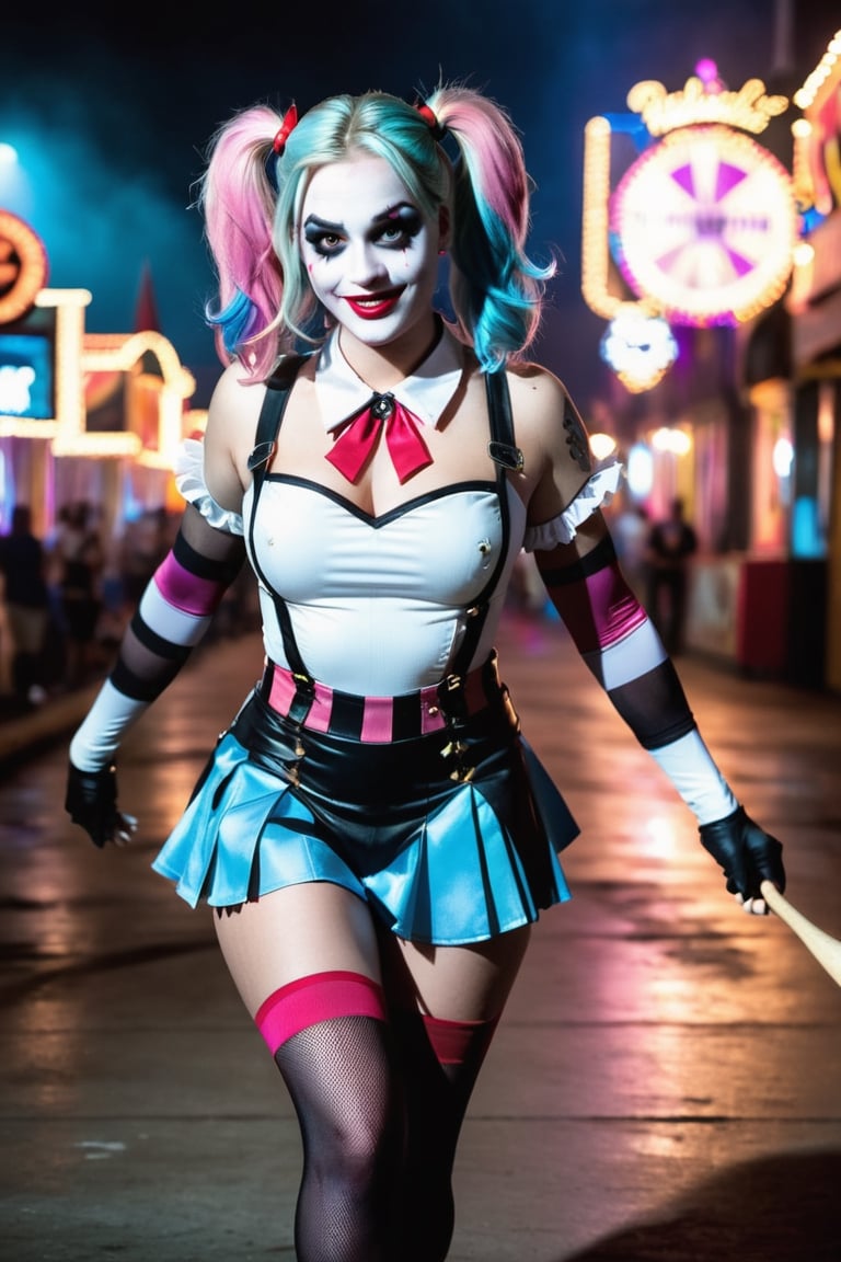 (Raw Photo:1.3) of (Ultra detailed:1.3) Harley Quinn from DC comics, dark pink and sky-blue hair, clowncore, dc comics, layered mesh, stripes and shapes, Wearing a white and black schoolgirl uniform, Carnival Background at night, collar with large Joker charm, holding a bowling pin, running/sprinting toward the camera, bare midriff