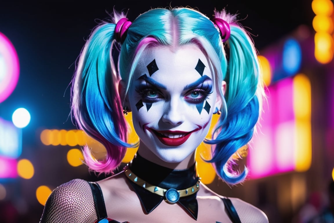 (Raw Photo:1.3) of (Ultra detailed:1.3) Harley Quinn from DC comics, dark pink and sky-blue hair, clowncore, dc comics, layered mesh, stripes and shapes, carnivalcore, Carnival Background at night, collar with large Joker charm, holding a jokers card in her teeth