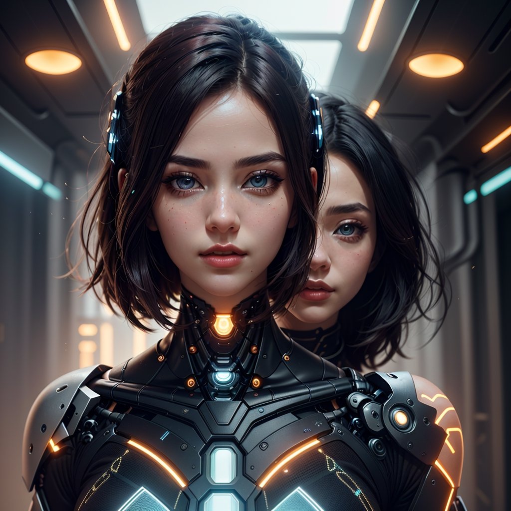 (high resolution, masterpiece: 1.2), ultra-detailed, realistic, physics-based representation, two cyborg women, electronic systems in the humanoid head, with a detailed brain that can be seen, representation of mechanical parts of the skull, female faces , beautiful detailed eyes, red hair, beautiful detailed lips, muscle wire, flesh-colored skin, metallic elements, digital interface, shiny circuits, advanced sensors, high-tech prosthetics, seamless integration, artificial intelligence, technological improvements, wearable technology, modern aesthetics , bionic enhancements, advanced biotechnology, elegant and futuristic design, combination of humans and machines, symbolic representation of human evolution, harmonious coexistence of organic and synthetic components, vivid colors, dynamic lighting.