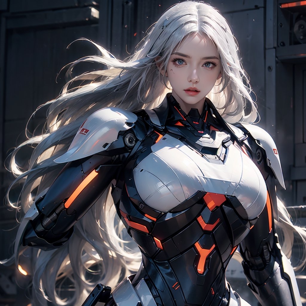 photorealistic, high resolution, two women, long white hair, robot, roblit, robot woman, robot body, mechanical body, metal body, cyborg, (black gold, cropped equipment: 1.2)