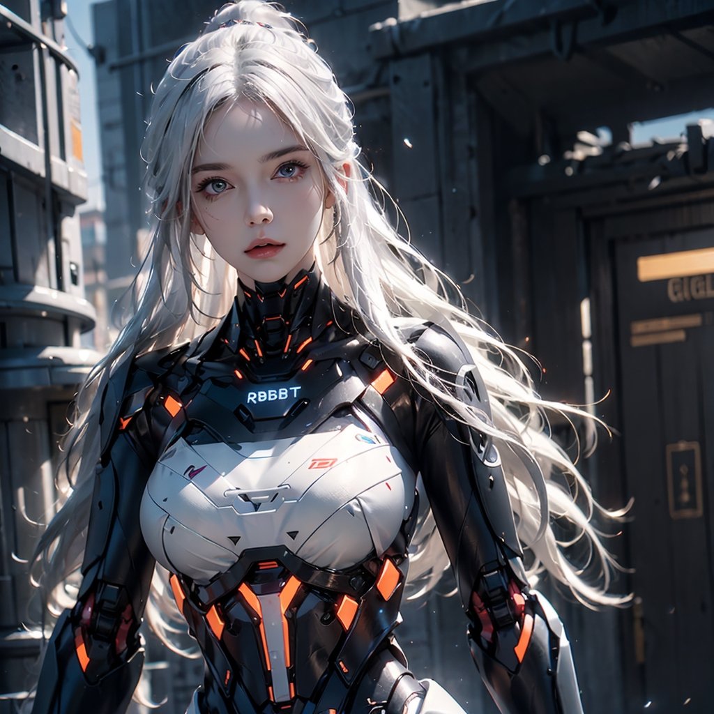 photorealistic, high resolution, two women, long white hair, robot, roblit, robot woman, robot body, mechanical body, metal body, cyborg, (black gold, cropped equipment: 1.2)