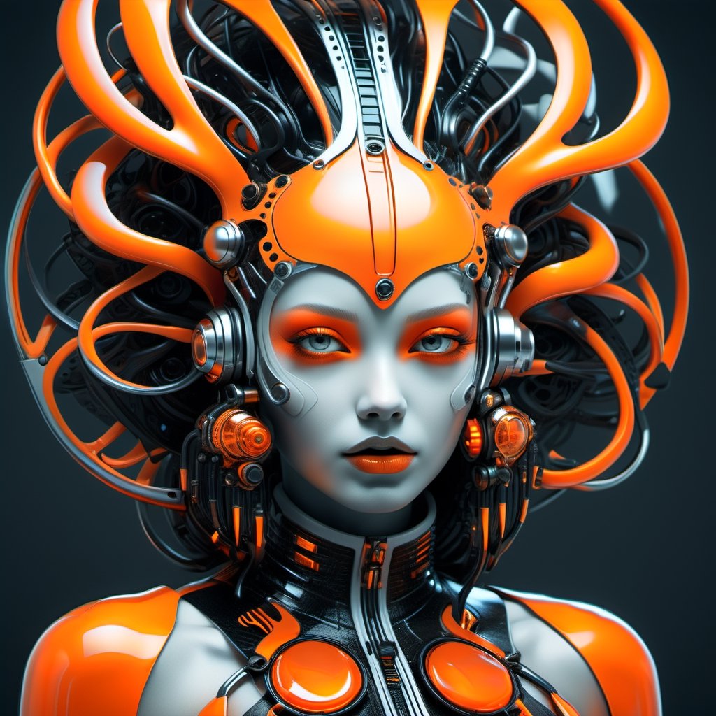 ma black and white, futuristic woman in an orange dress, in the style of highly stylized figures, cybergoth, naoto hattori, 8k 3d, botticelli-esque figures, shiny/glossy, luminescent color scheme,Ultra-detailed 3D digital art, high resolution, photorealistic rendering, sharp focus, high-quality background, ultra-detailed landscape, ultra-sharp focus, consistent style, unique and well-developed concept, Unreal Engine, intricate details, beautiful color grading, bright lights , symmetry.
