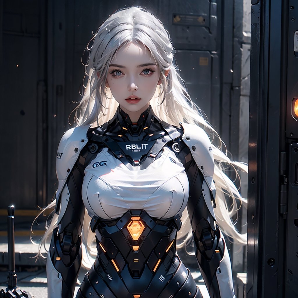 photorealistic, high resolution, two women, long white hair, robot, roblit, robot woman, robot body, mechanical body, metal body, cyborg, (black gold, cropped equipment: 1.2)