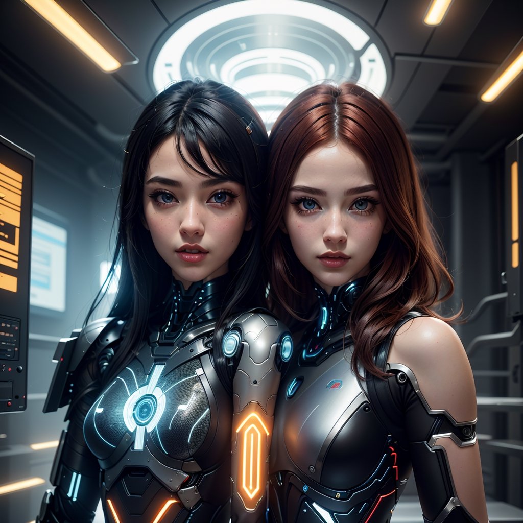 (high resolution, masterpiece: 1.2), ultra-detailed, realistic, physics-based representation, two cyborg women, electronic systems in the humanoid head, with a detailed brain that can be seen, representation of mechanical parts of the skull, female faces , beautiful detailed eyes, red hair, beautiful detailed lips, muscle wire, flesh-colored skin, metallic elements, digital interface, shiny circuits, advanced sensors, high-tech prosthetics, seamless integration, artificial intelligence, technological improvements, wearable technology, modern aesthetics , bionic enhancements, advanced biotechnology, elegant and futuristic design, combination of humans and machines, symbolic representation of human evolution, harmonious coexistence of organic and synthetic components, vivid colors, dynamic lighting.
