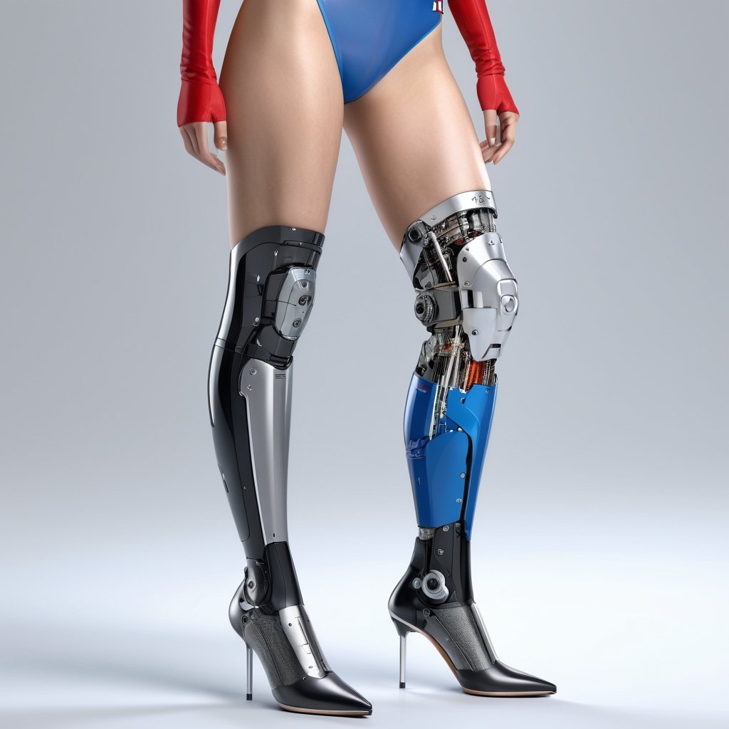 Half Japanese and half Russian woman. Streamlined. The prosthetic leg is a precise mechanical structure. Damage.Ultra-detailed 3D digital art, high resolution, photorealistic rendering,cyborg,cyborg style,Extremely Realistic,more detail XL