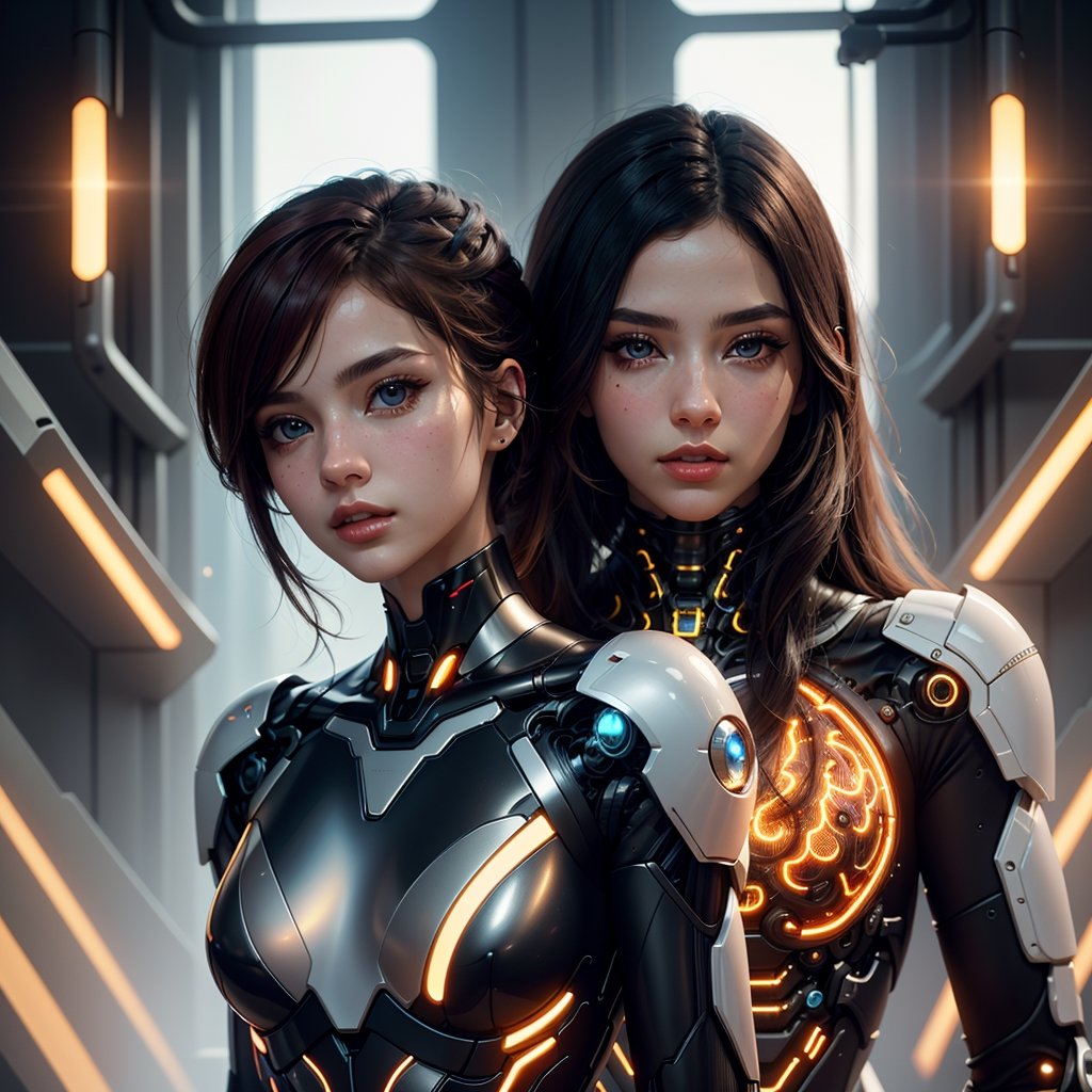 (high resolution, masterpiece: 1.2), ultra-detailed, realistic, physics-based representation, two cyborg women, electronic systems in the humanoid head, with a detailed brain that can be seen, representation of mechanical parts of the skull, female faces , beautiful detailed eyes, red hair, beautiful detailed lips, muscle wire, flesh-colored skin, metallic elements, digital interface, shiny circuits, advanced sensors, high-tech prosthetics, seamless integration, artificial intelligence, technological improvements, wearable technology, modern aesthetics , bionic enhancements, advanced biotechnology, elegant and futuristic design, combination of humans and machines, symbolic representation of human evolution, harmonious coexistence of organic and synthetic components, vivid colors, dynamic lighting.