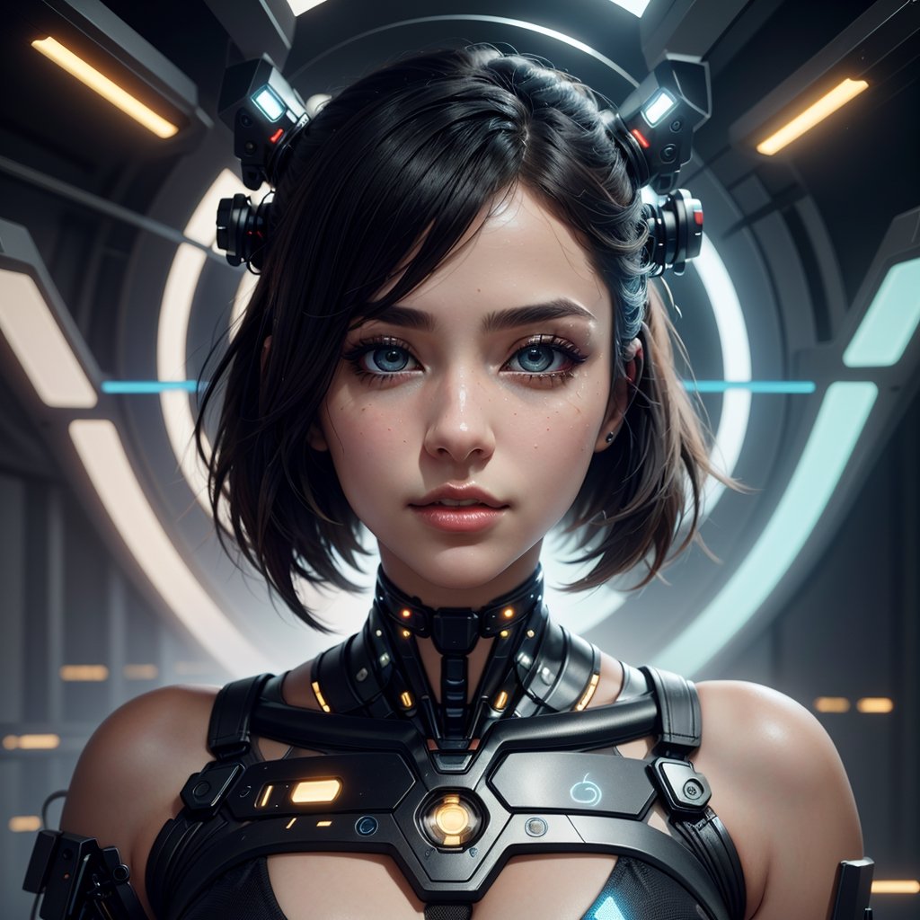 (highres,masterpiece:1.2),ultra-detailed,realistic,physically-based rendering,cyborg woman,electronic systems on-head humanoids,with a detailed brain that you can see,cranial mechanical parts representation,female face,beautiful detailed eyes,beautiful detailed lips,muscle wire,flesh-colored skin,metallic elements,digital interface,glowing circuitry,advanced sensors,high-tech prosthetics,seamless integration,artificial intelligence,technological enhancements,wearable technology,modern aesthetics,bionic enhancements,advanced biotechnology,sleek and futuristic design,blending of human and machine,symbolic representation of human evolution,harmonious coexistence of organic and synthetic components,vivid colors,dynamic lighting