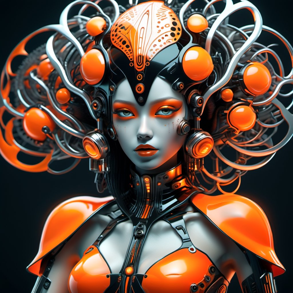 ma black and white, futuristic woman in an orange dress, in the style of highly stylized figures, cybergoth, naoto hattori, 8k 3d, botticelli-esque figures, shiny/glossy, luminescent color scheme,Ultra-detailed 3D digital art, high resolution, photorealistic rendering, sharp focus, high-quality background, ultra-detailed landscape, ultra-sharp focus, consistent style, unique and well-developed concept, Unreal Engine, intricate details, beautiful color grading, bright lights , symmetry.
