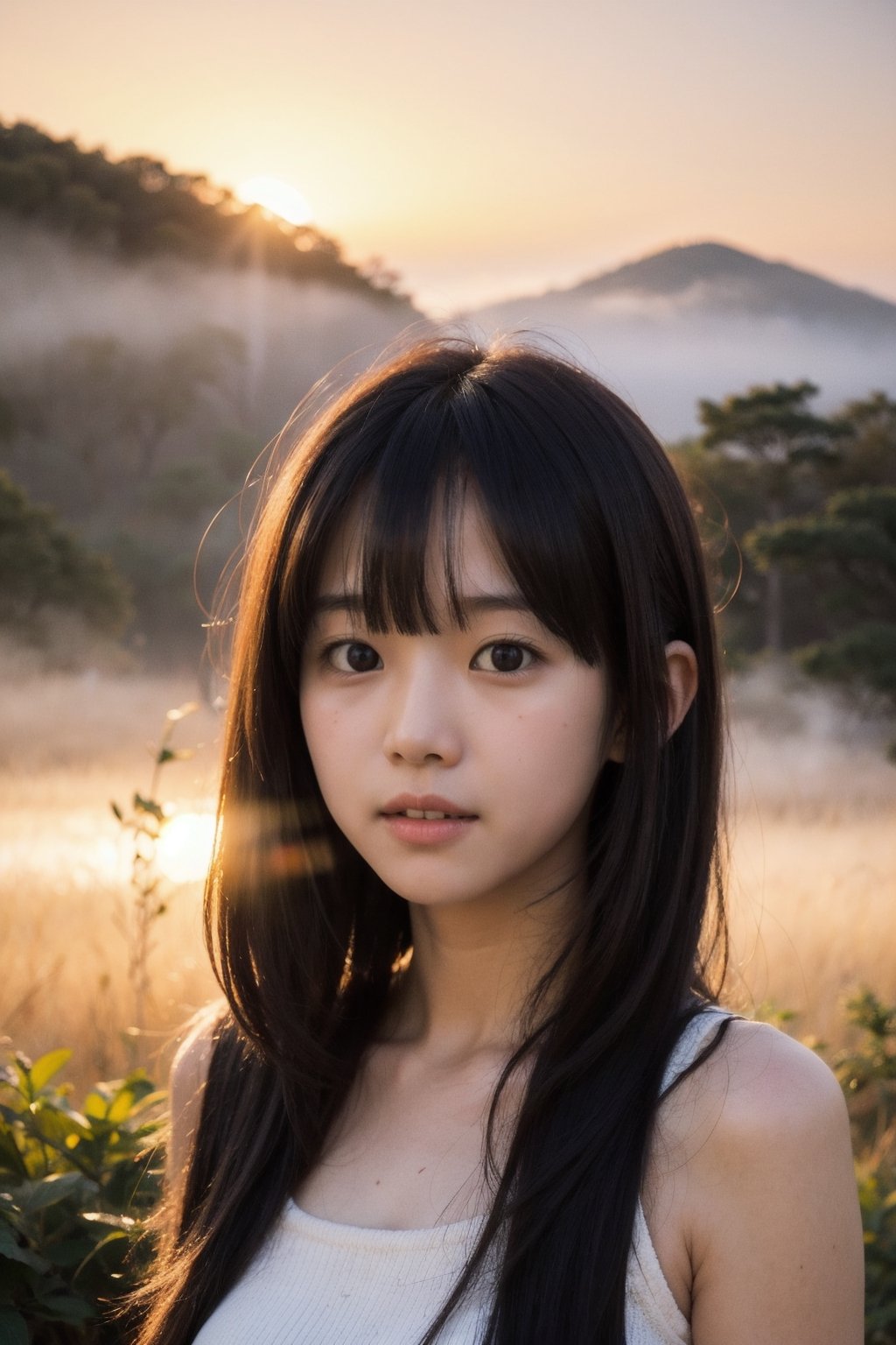 主：(((Fog forest with golden sunset))),
人：masterpiece, 8k, ((from front)), portrait, upper body, cute, detailed face, beautiful detailed eyes, girl, loli, happy, mad, red lips, bangs, very long hair, strong eyebrows, bare shoulders, (blush), (embarrassed),
髮：((bangs)),