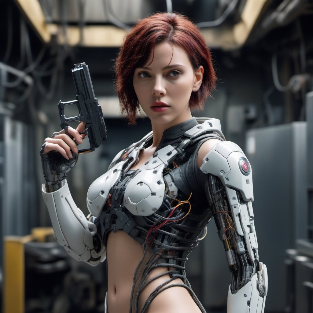 Scarlett Johanson, ghost in the shell, full body, holding a pistol,cyborg with flesh, wires and cables connecting body and machine, android, mechanical body part, hd, looking_at_viewer