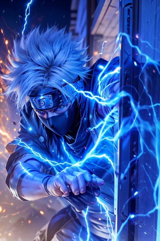  Kakashi Hatake, the iconic character from the Naruto anime, using his signature move, the Chidori Lightning Hand:

"Generate an electrifying image of Kakashi Hatake, the legendary ninja from the Naruto anime, known for his striking silver hair and his iconic ninja outfit, complete with a mask that conceals his lower face.

In this image, Kakashi is poised for action, channeling his chakra into his hand to create the Chidori Lightning Hand. The Chidori should be depicted as a swirling and crackling sphere of intense lightning energy that envelops his hand, ready to unleash its devastating power.

Kakashi's stance should reflect his ninja expertise, showcasing his agility and precision. The background should be a dynamic setting that enhances the excitement of the moment, whether it's a moonlit battlefield or a scene that captures the essence of his ninja journey.

This image should capture the thrilling energy and essence of Kakashi Hatake as he wields the Chidori Lightning Hand, making it a dynamic and electrifying representation of this iconic character." Photographic cinematic super super high detailed super realistic image, 4k Ultra HDR high quality image, masterpiece, ((super detailed image of Kakashi Hatake)), ((perfect hands)), ((perfect face)), 