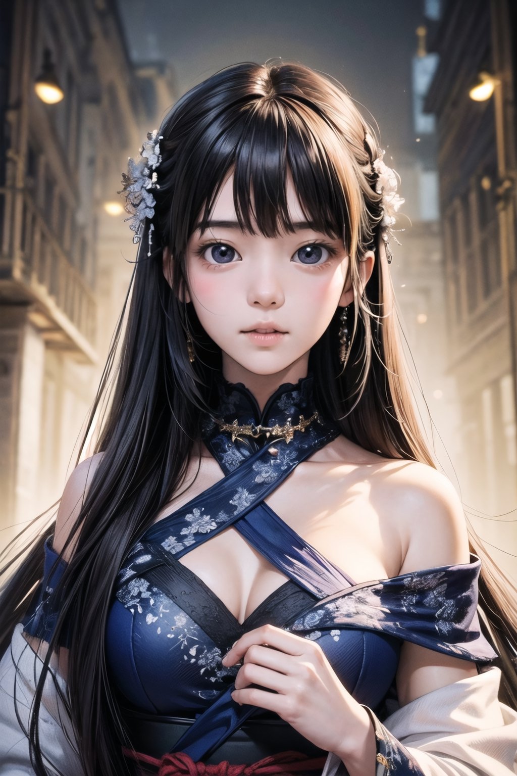 主：(foggy woods), 
人：Very beautiful Japanese and Korean girl,Strong classical beauty temperament,
優：With a very high artistic composition style,
髮：(long hair),  (bangs), 
特：(((Colorful and magical doomsday city))),
(masterpiece, highest quality, extreme detailed, best quality, official art, beautiful and aesthetic:1.2), (1girl), extreme detailed,(fractal art:1.3),colorful,highest detailed,High detailed,With a very high artistic composition style,
服：Off-the-shoulder,