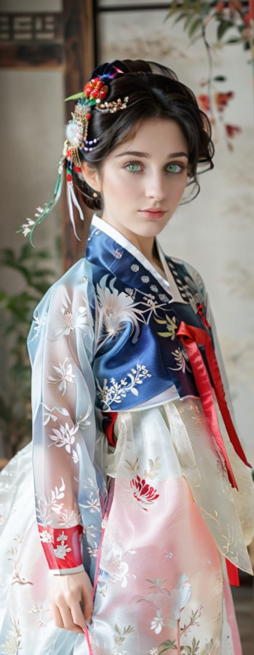 Korean woman, Daeng Gi Meori, full body shot, high definition, translucent fabric, masterpiece,
1 girl, beautiful, hanbok, norigae, soft,cutegirlmix,Hanbok