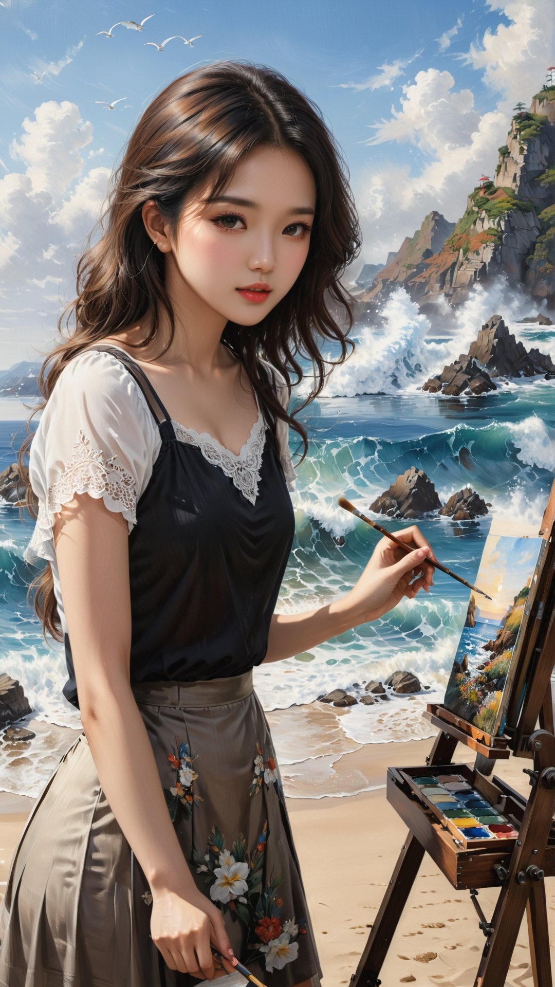 Masterpiece, Top Quality, (Highly Detailed 8k Wallpaper, Masterpiece, Highest Quality, Highly Detailed, Best Shadows), (Detailed Background), (Beautifully Detailed Face), (Beautifully Detailed Eyes), (Highly Detailed, Beautiful) ,1girl,((background)), dynamic movement, beautiful detailed light, full body shot, Korean, long black hair, medium chest, brown eyes, height 170 cm, dimples, (frontal shot), very detailed beautiful painting - artist workshop Inside, an angelic woman is painting a picture of the sea on an easel. Skirt, white blouse, beach,
