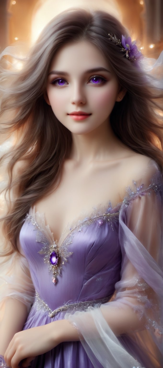 Beautiful soft light, (beautiful and delicate eyes), very detailed, pale skin, (long hair), dreamy, ((frontal shot)), brown eyes, soft expression, bright smile, art photography, fantasy, jewelry, shyness, tenderness Image, masterpiece, ultra-high resolution, colors, highly detailed, soft lighting, details, Ultra HD, 8k, highest quality, (pose), girl, real, a wonder of art and beauty, illustration, purple dress,
soft clothes,xray