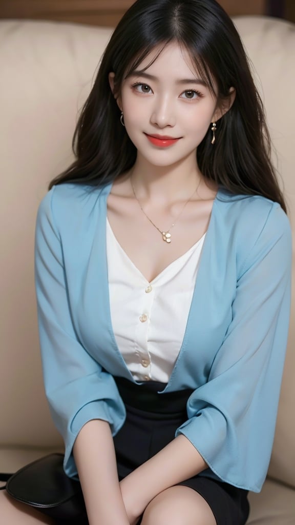 Beautiful and delicate light, (beautiful and delicate eyes), pale skin, big smile, (brown eyes), (black long hair), dreamy, medium chest, woman 1, (front shot), Korean girl, bangs, soft expression, height 170, elegance, bright smile, 8k art photo, realistic concept art, realistic, portrait, necklace, small earrings, handbag, fantasy, jewelry, shyness, short jacket, skirt, (red ribbon tie long-sleeved blouse),alluring_lolita_girl,colorful_girl_v2,white_dress