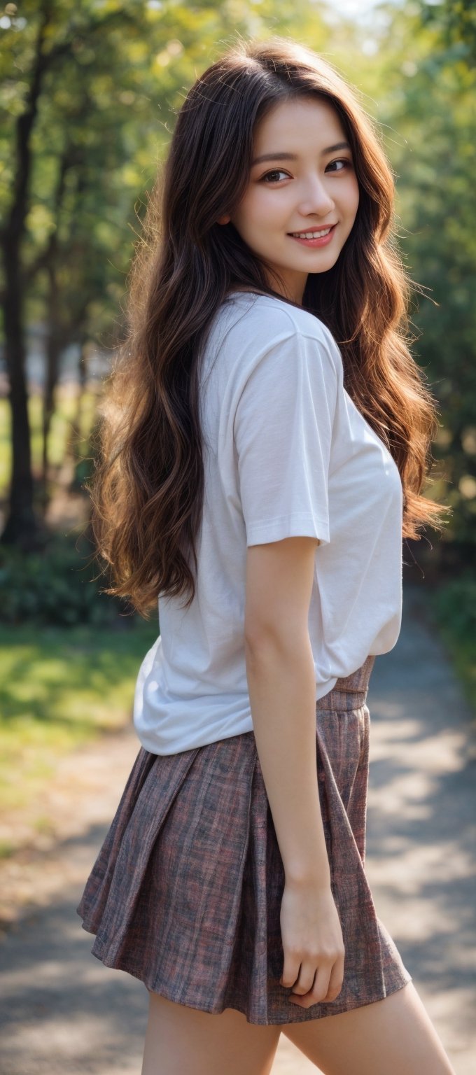 Beautiful soft light, (beautiful and delicate eyes), very detailed, pale skin, (long hair), dreamy, ((front shot)), soft expression, bright smile, art photography, fantasy, jewelry, shyness, soft image, masterpiece , ultra-high resolution, color, very detailed and soft lighting, detail, Ultra HD, 8k, t-shirt, skirt, sneakers, highest quality, large park, walk, walking forward,