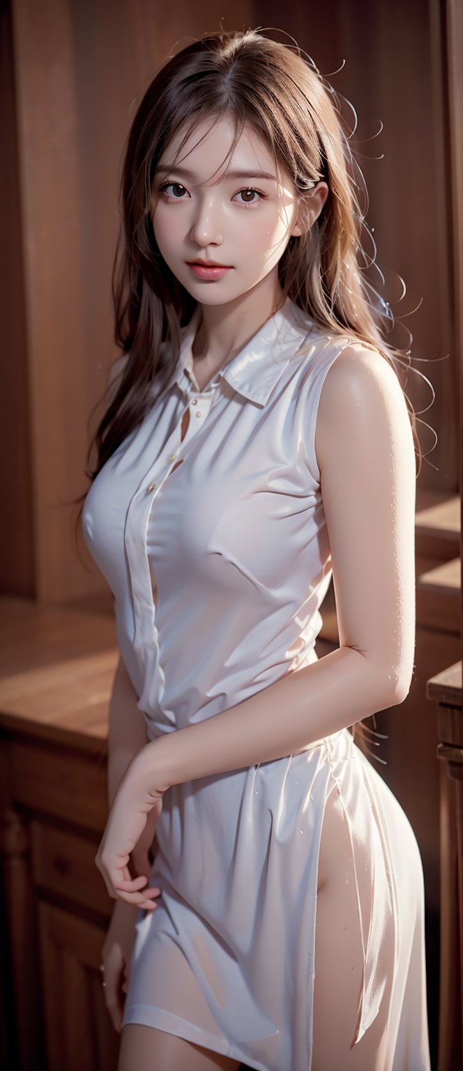 Beautiful and delicate light, (beautiful and delicate eyes), pale skin, big smile, (brown eyes), (dark black long straight hair), dreamy, medium chest, female 1, (front shot), Korean woman, bangs, expression of tenderness, large Height, proud and elegant, smile, 8k art photo, realistic concept art, realistic, portrait, accessories, fantasy, jewelry, suit, white dress shirt, tie with red pattern, skirt,handsome male,Sexy Pose