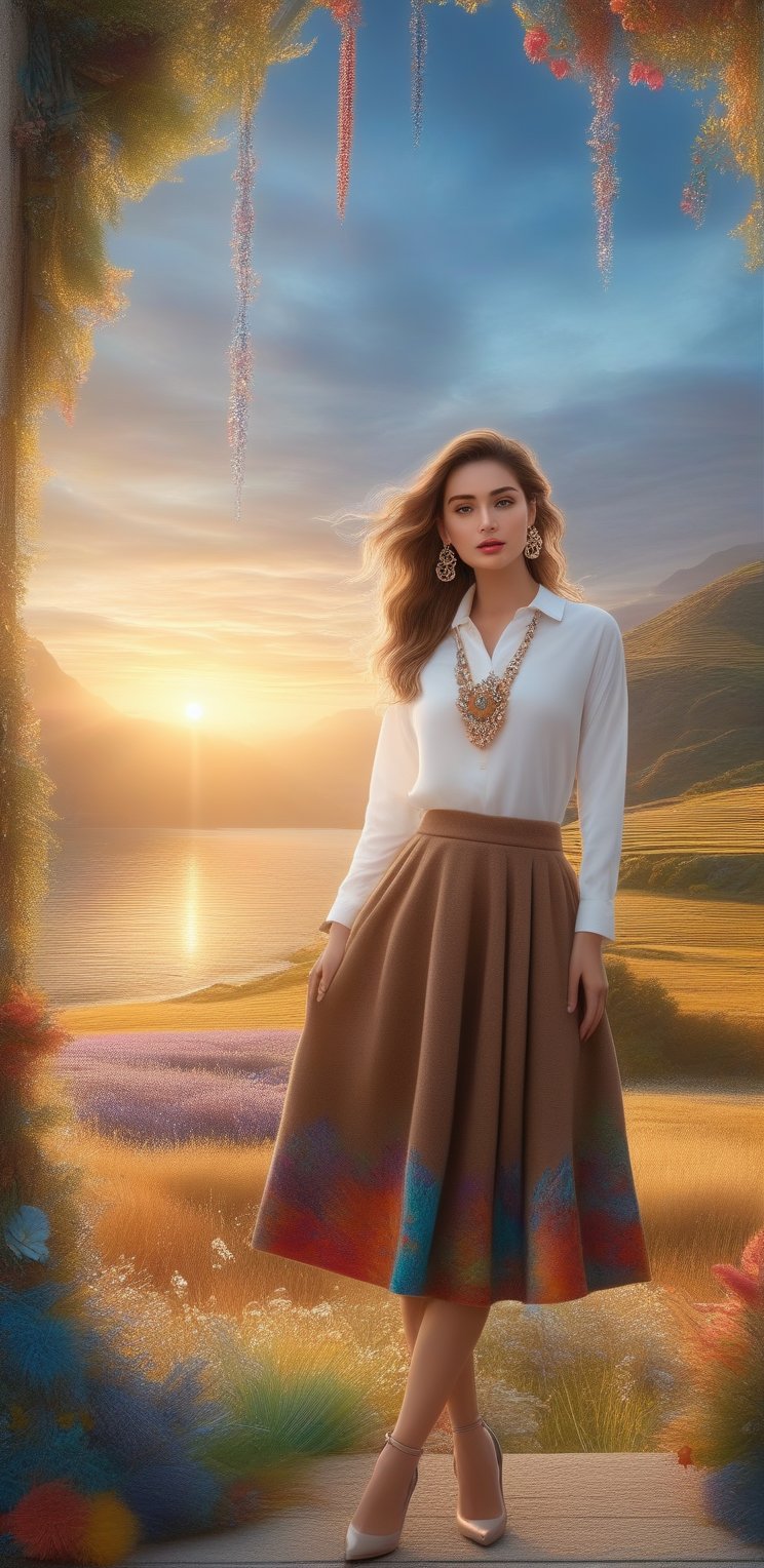 Image, (full body), highest quality, masterpiece, ultra-high definition, (cute face), (perfect brown eyes), surreal illustration, natural proportions, Ultra HD, realistic and vivid colors, highly detailed UHD drawing, perfectly composed, 8k , texture, breathtaking beauty, pure perfection, unforgettable emotion, medium burst, thread necklace, skirt, portrait of a woman, ecru technical wool fleece knit,style