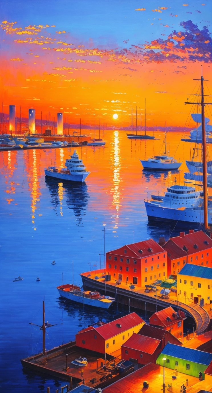 Port city view from the sea, sunset, sketch, work of art, wonderful color palette, intricate details, artistic oil painting, oil paint,