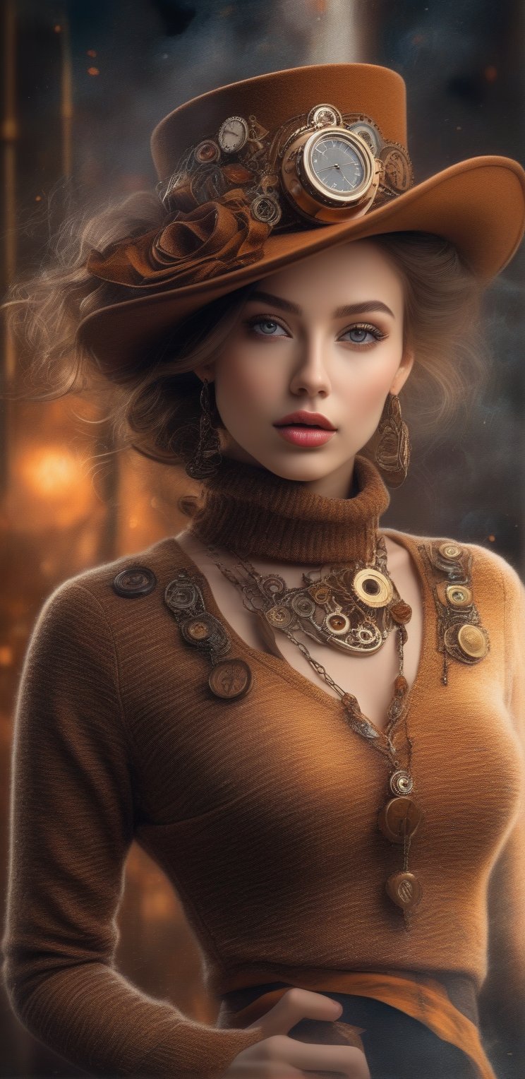 Image, (full body), highest quality, masterpiece, ultra-high definition, (cute face), (perfect brown eyes), surreal illustration, natural proportions, Ultra HD, realistic and vivid colors, highly detailed UHD drawing, perfectly composed, 8k , texture, breathtaking beauty, pure perfection, unforgettable emotion, medium burst, thread necklace, skirt, portrait of a woman, ecru technical wool fleece knit,HZ Steampunk
