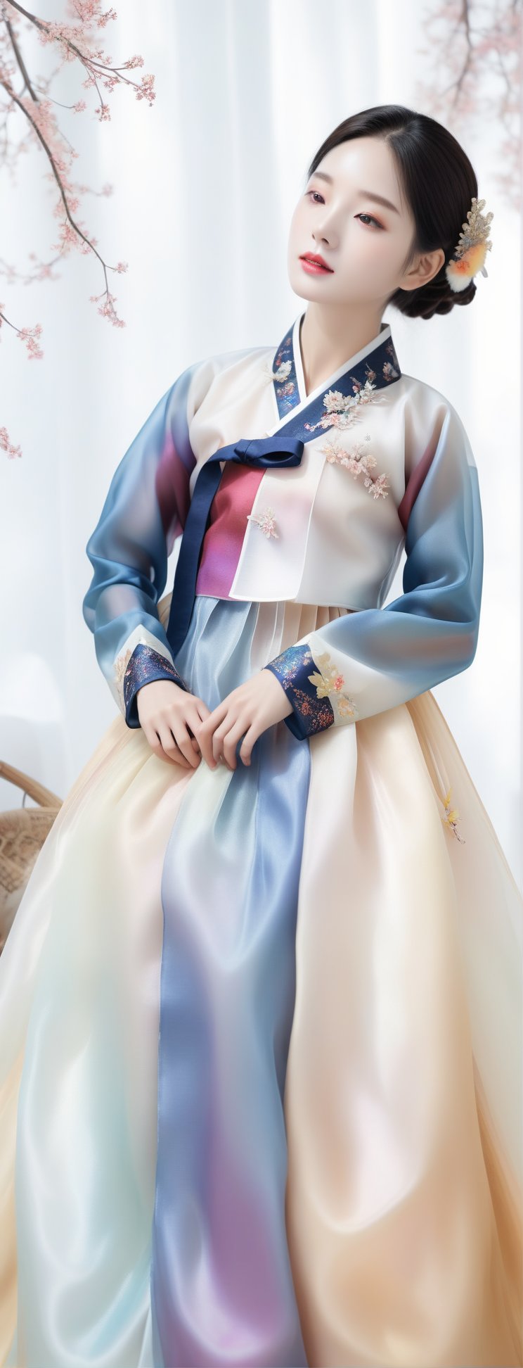 Erotic image, (soft shiny gradient shearing organza fabric hanbok with five-colored brilliant accessories and jewels),
Top quality, masterpiece, ultra-high definition, (cute face), (perfect brown eyes), misty, mysterious multi-colored clouds, nameless flowers and trees, surreal illustrations, natural proportions, ultra HD, realistic, vivid colors, highly detailed, UHD drawing, perfect composition, ultra HD, 8k, mythical creatures, textures, iridescent and luminous, breathtaking beauty, pure perfection, divine beings, unforgettable, impressive, medium bust,hubggirl