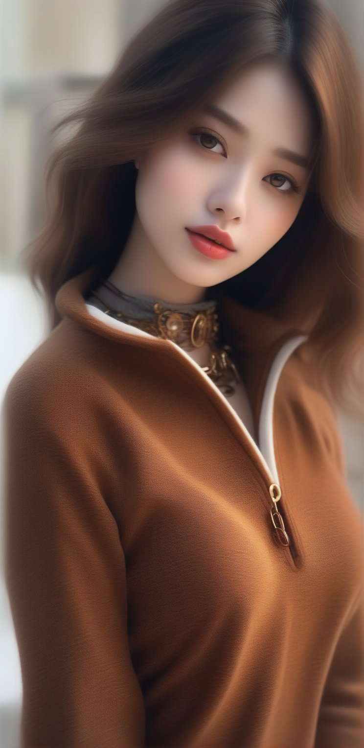 Image, (full body), highest quality, masterpiece, ultra-high definition, (cute face), (perfect brown eyes), surreal illustration, natural proportions, Ultra HD, realistic and vivid colors, highly detailed UHD drawing, perfectly composed, 8k , texture, breathtaking beauty, pure perfection, unforgettable emotion, medium burst, thread necklace, skirt, portrait of a woman, ecru technical wool fleece knit,HZ Steampunk