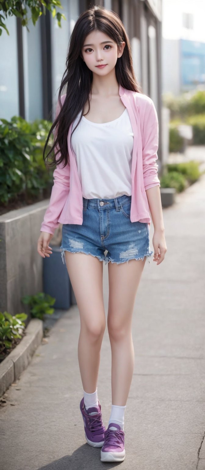Girl 1, ultra high definition, wind blowing hair, brown eyes, brown hair, delicate facial features, eye smile, {{{masterpiece}}}, {{highest quality}}, high resolution, high detail, natural movements everyday life, idol style Outfit, light purple horizontal striped collar T-shirt, shoes, shorts, summer cardigan, short jacket, skirt, blouse,
