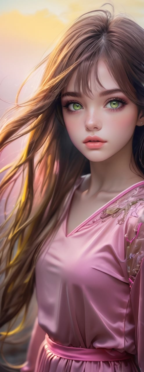 Masterpiece, top quality, highest quality, art, detail. 1 Girl, long brown hair, yellow and pink gradient, unclear border like fog, sad eyes staring into space, blurry, full body shot, beautiful, hair blowing in the wind,