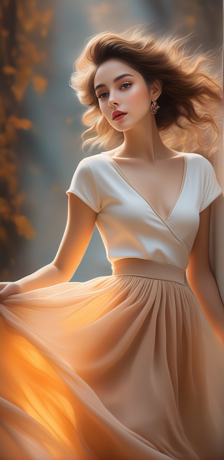 Image, (full body), highest quality, masterpiece, ultra-high definition, (cute face), (perfect brown eyes), surreal illustration, natural proportions, Ultra HD, realistic and vivid colors, highly detailed UHD drawing, perfectly composed, 8k , texture, breathtaking beauty, pure perfection, unforgettable emotion, medium burst, thread necklace, skirt, portrait of a woman, ecru technical wool fleece knit,