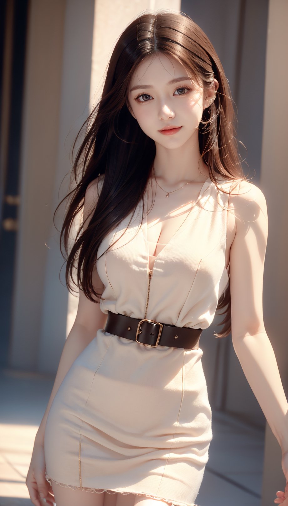 (((masterpiece))), top class, (beautiful and delicate girl), beautiful and delicate light, (beautiful and delicate eyes), smile, (brown eyes), (dark black long hair), medium breasts, female 1, frontal shot, Korean , soft impression, tall height, women's clothing, fluffy fleece vest,koh_yunjung,ZGirl
