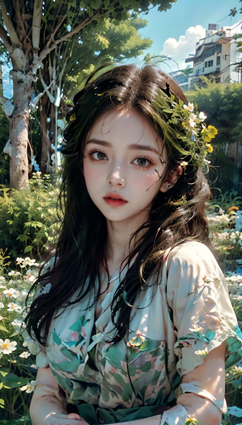 Anachronistic double exposure, surreal mixture of girl portrait and flower field landscape, roses and trees, sculptural solidity, minimalism, bright green emulsion, muted green and soft sky blue, photography,masterpiece
