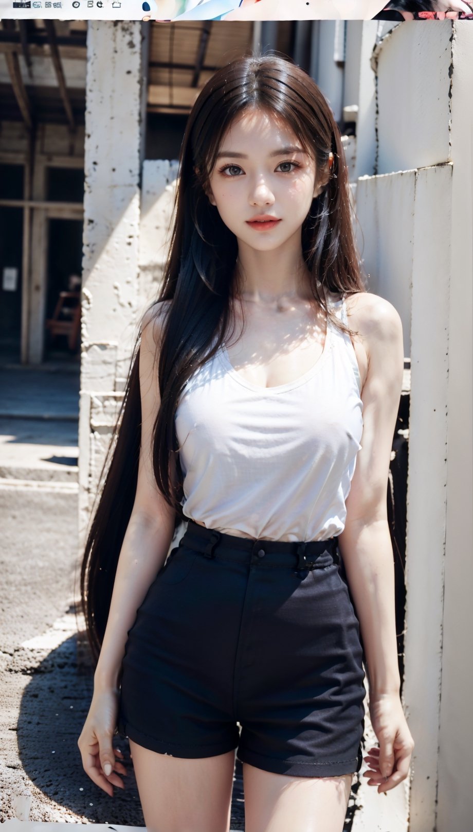 (((masterpiece))), top class, (beautiful and delicate girl), beautiful and delicate light, (beautiful and delicate eyes), smile, (brown eyes), (dark black long hair), medium breasts, female 1, frontal shot, Korean , soft impression, tall height, pigtails, horizontal striped t-shirt, shorts, sneakers, cardigan,