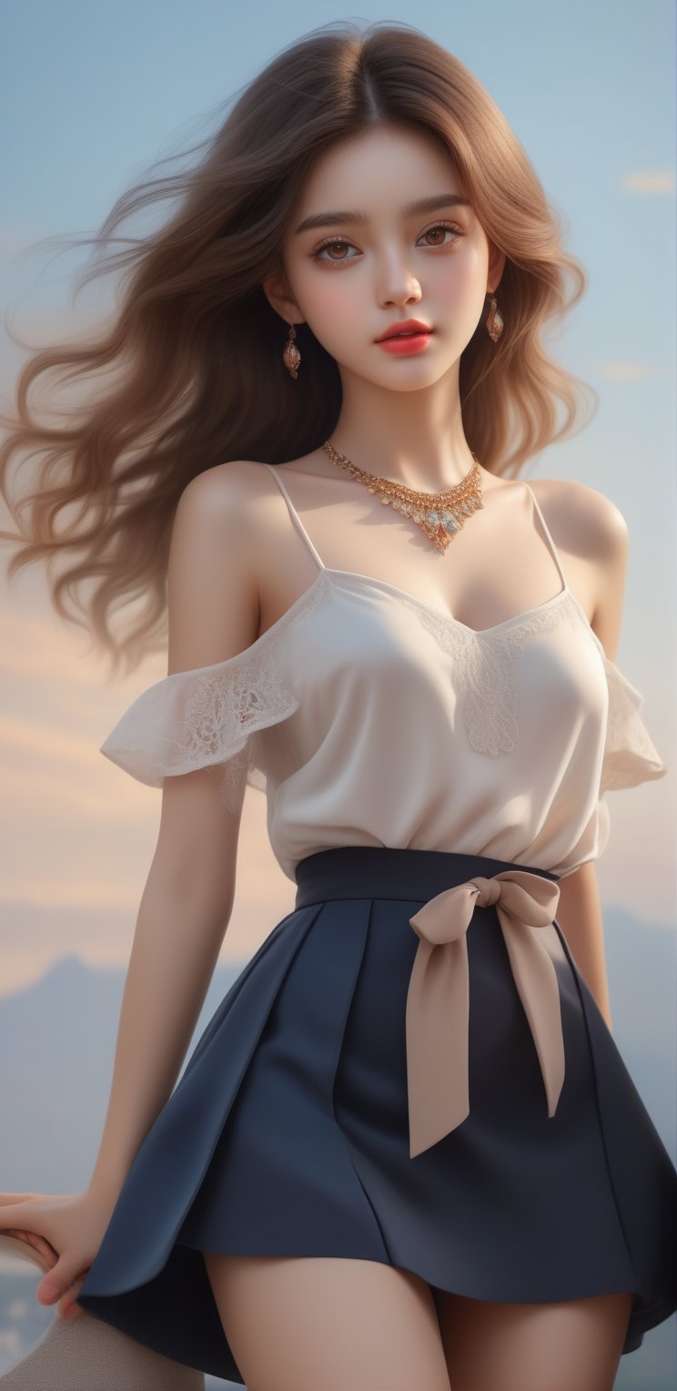 Image, (full body shot), highest quality, masterpiece, ultra-high definition, (cute face), (perfect brown eyes), surreal illustration, natural proportions, Ultra HD, realistic and vivid colors, highly detailed UHD drawing, perfectly composed, 8k , texture, breathtaking beauty, pure perfection, unforgettable emotion, medium bust, thread necklace, skirt,
