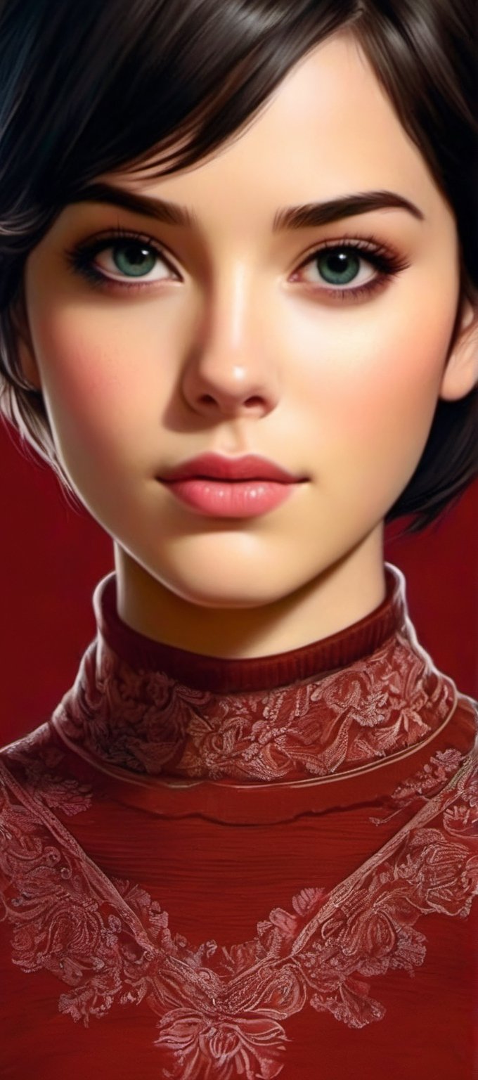((Top quality)), ((Masterpiece)), Portrait of girl with neat hairstyle, ((front,)) red turtleneck t-shirt, beautiful eyes, brown eyes, black short hair, intricate details, highly detailed eyes, small mouth, movie image, lit with soft light, perfect face,