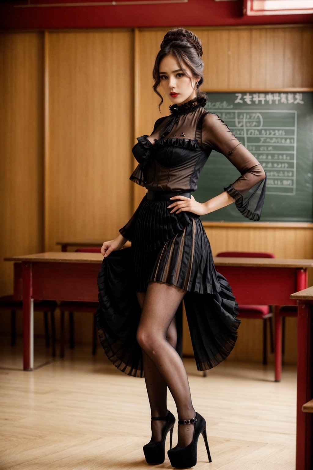 a beautiful korea asian girl, korea milf, teacher, blonde bun hair, (confused face expression:0.9), perfect round silicon fake boobies 32DD, dark red lips, slim waist,((wearing a see through  ruffled long bouffant sleeves jabot  blouse)), (((thin long pleated skirt:1.1))), big cleavage, crowded school class background, standing next to (nude male students), high detail, film grain,  masterpiece, hyperrealistic, ((feme dominat teacher )), (femdom), (Hourglass Body:1.2)
,z1l4, ((red high heels)),arshadArt, retro gater belt,  sexy shiny oil thigh high stockings , big earrings,( sexy femdom corset), ((full body shot)),(((angry expression ))), ((sexy femdom pose)), ((1 girl)),(long legs),high heels