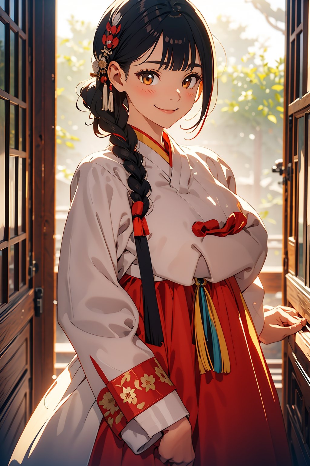 (masterpiece),illustration,ray tracing,beautiful detailed, rainbow color clothes, black hair, orange_eyes, colourful,finely detailed,dramatic light,
big breasts, hanbok, korea Traditional clothes,
white Miko outfit,matrue female,oval face,blunt bangs,long hair,tassel,white hair,blue eye,smile,fox ear,
matrue female,milf,long sleeves,(red skrit:1.5),
bisyoujo,lady,tsurime eyes, japanese architecture,forest,sunlight,diffuse light,