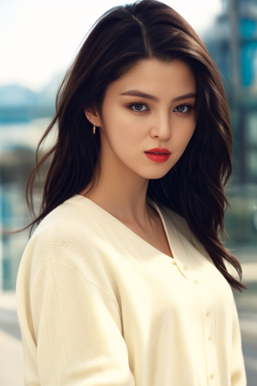 masterpiece, high-quality realistic photo, high resolution photo, high-quality, 8K, natural and soft lighting, high contrast, sharp-focus, upper-body, (detailed face:1.1), in the city,
beautiful-korean-1girl, fair smooth skin, long hair, hair blowing in the wind, dull bangs, red lips, small breasts, small earing,                                                                                    
(white sweater, jeans),Realism,Detailedface,Masterpiece