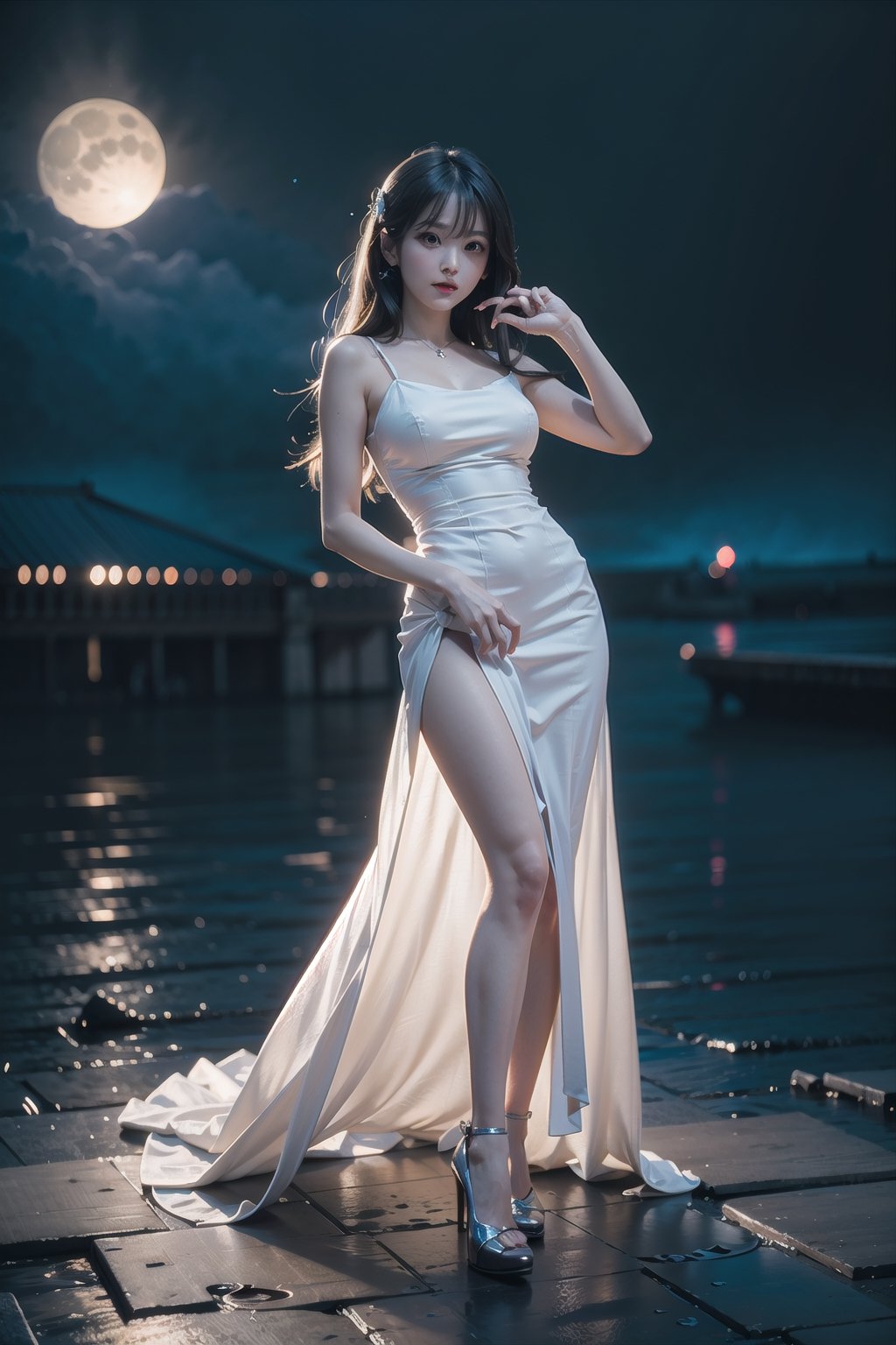 best quality, masterpiece, best resolution, absurdres, (colorful),, cinematic lighting, full body, extremely detailed CG unity 8k wallpaper,1girl, long white hair, wide eyes, eyelashes, concept art, posing, illuminate, illumination: 0.3,night sky,, (waifu, anime, exceptional, best aesthetic, new, newest, best quality, masterpiece, extremely detailed:1.2), moonlight, fantasy world, ancient dragon. perfect,blurry_light_background,iu