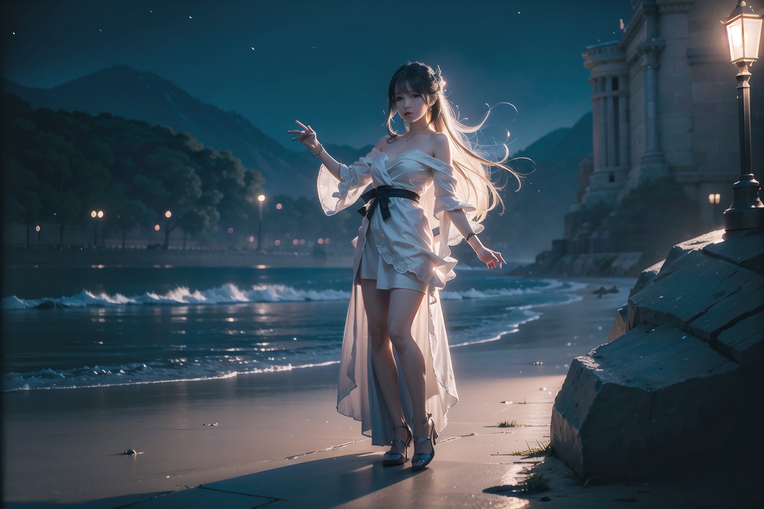 best quality, masterpiece, best resolution, absurdres, (colorful),, cinematic lighting, full body, extremely detailed CG unity 8k wallpaper,1girl, long white hair, wide eyes, eyelashes, concept art, posing, illuminate, illumination: 0.3,night sky,, (waifu, anime, exceptional, best aesthetic, new, newest, best quality, masterpiece, extremely detailed:1.2), moonlight, fantasy world, ancient dragon. perfect,blurry_light_background,iu