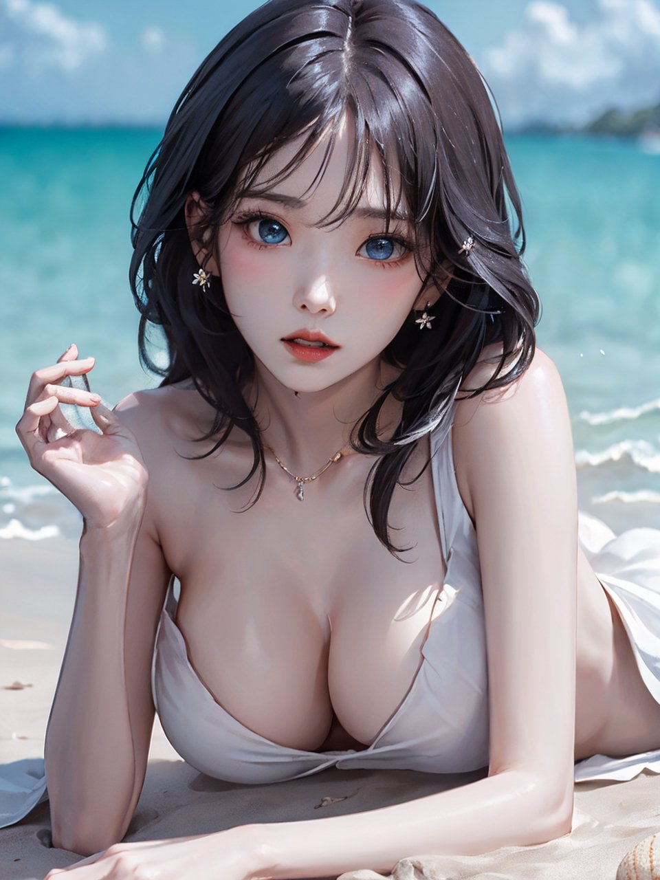 Create a digital artwork of an elegant Instagram model with striking blue eyes, luxurious long hair cascading down, and a complexion that radiates purity and grace.,iu, Lying on beach, breast exposure