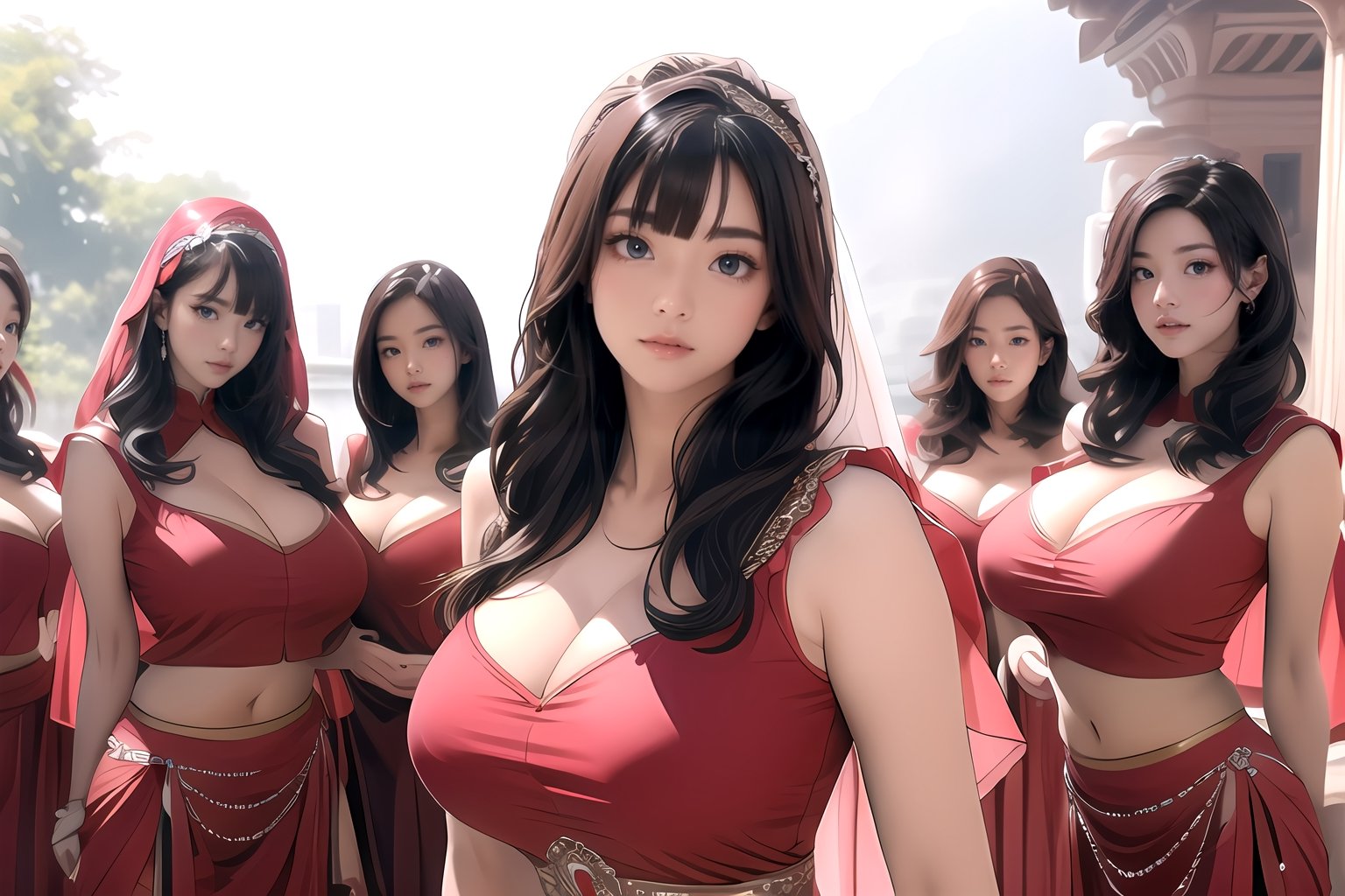 1girl, big breasts: 1.7, palace background, photorealistic, super high resolution, complex, super detailed, (skin dents), cute, feminine, detailed body, depth of field, color, (face details: 1.1), (Iris Contour), (Perfect Eyes), 4K, Gorgeous, (Masterpiece: 1.2), (Best Quality: 1.2), Wide Hips, Thick Thighs, (Big Breasts: 1.7), ( (Long Hair, Bangs, Long Hair )), seductive pose, lip biting, low angle view, perfect breasts, korean , (5 girls: 1.2),realhands,((indian dancer with veil))