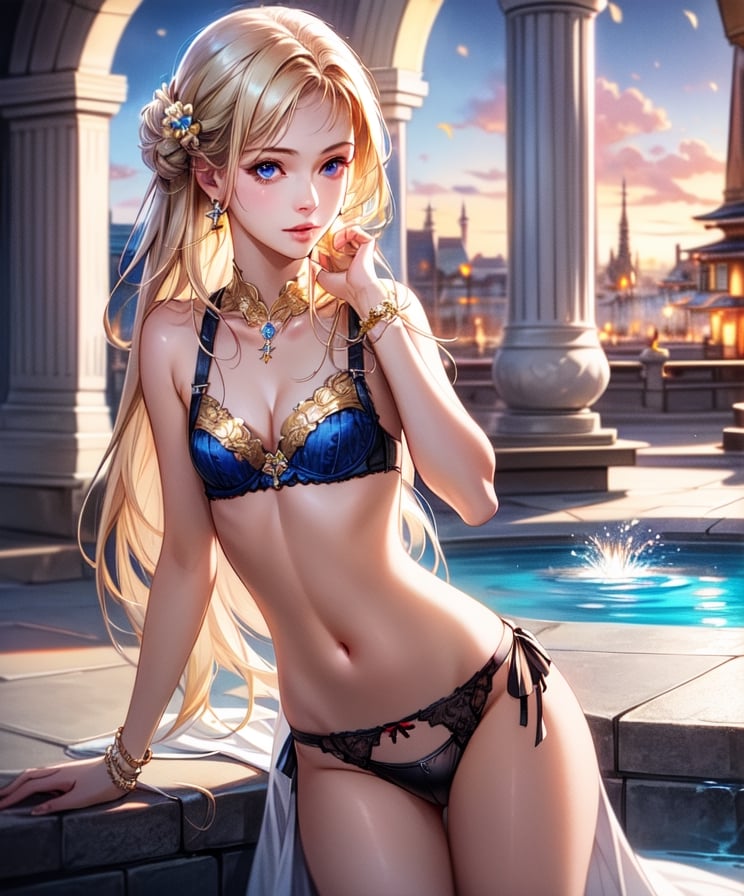 (masterpiece, best quality:1.3, ultra-realistic, 8k, photoshop, realistic illustration) 1girl, young girl,small girl,loli, flat chest, cleavage, latex underwear,nun dress, skinny, golden hair, blue eyes,fountain,old town background