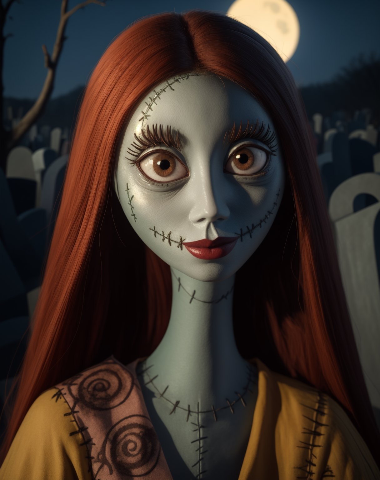 Sally, colored skin,stitches,long red hair, stitched face, lips,  small pupils,  black eyes,  large eyes, 
dress,smile, 
standing,  upper body,  garden, 
 yellow moonlight,  graveyard, dead trees, 
(insanely detailed, beautiful detailed face, masterpiece, best quality)  
